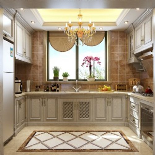 U Dönüşlü Ceviz Renkli Ahşap Mutfak Dolabı